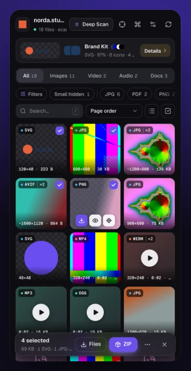 Four selected files and a floating bar with their total size and Files and ZIP buttons.