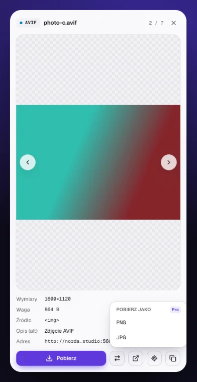 Podgląd obrazu AVIF z wymiarami i źródłem oraz menu „Pobierz jako” z PNG i JPG.