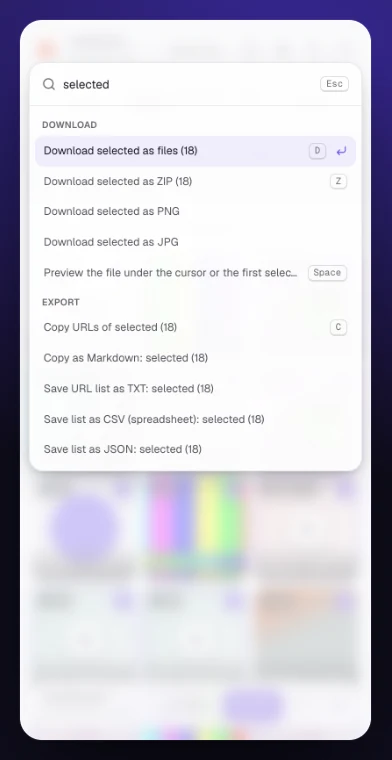 Command palette in the light theme with download and URL export commands.